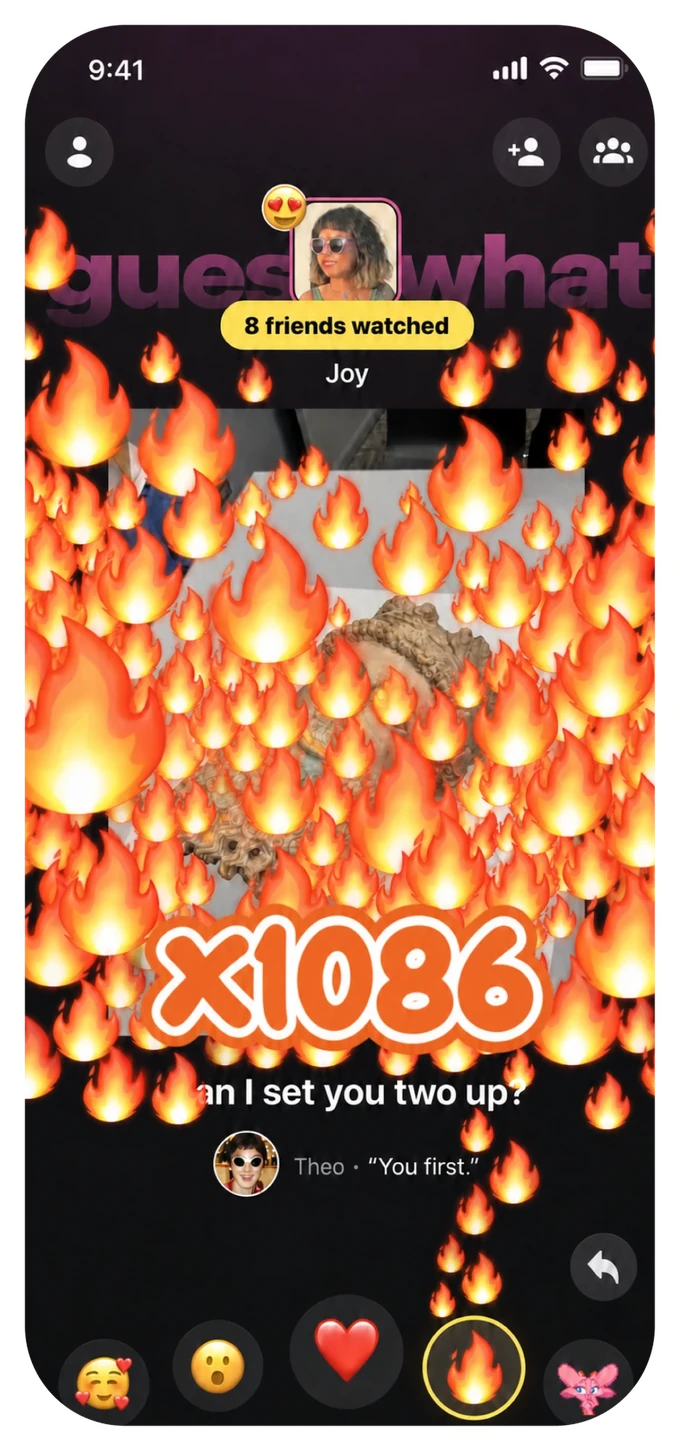 Joy's round, watched by 8 friends and buried in fire emoji with a x1086 reaction count