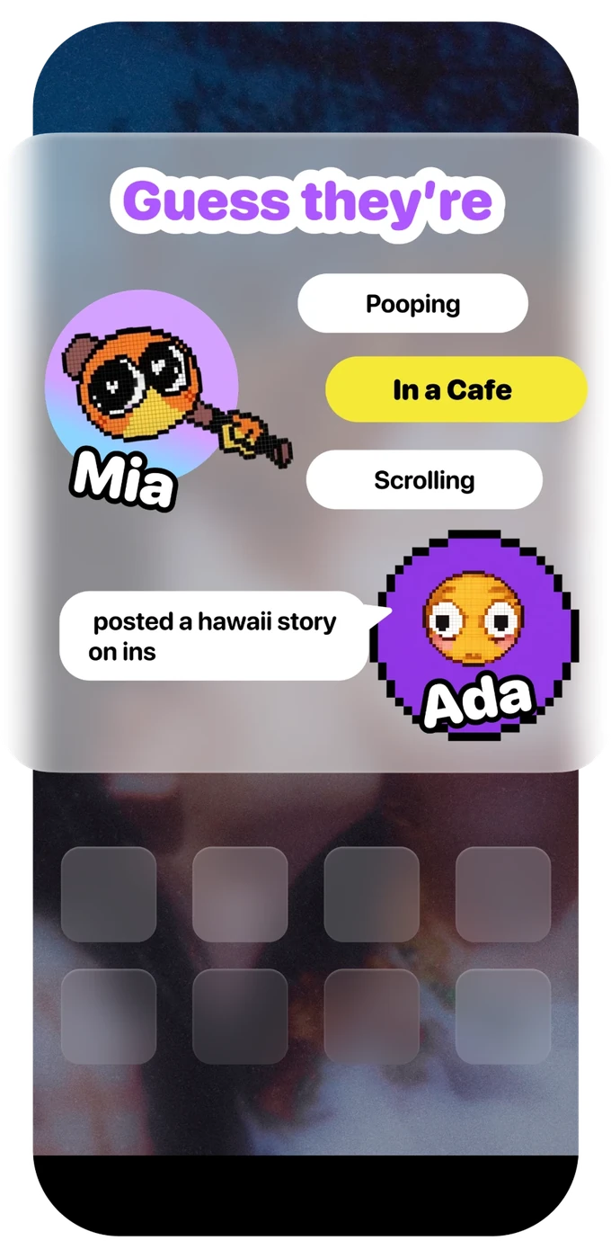 A Guess What card: guess what Mia is doing, with Pooping, In a Cafe and Scrolling, and Ada's hint that she posted a Hawaii story on Instagram